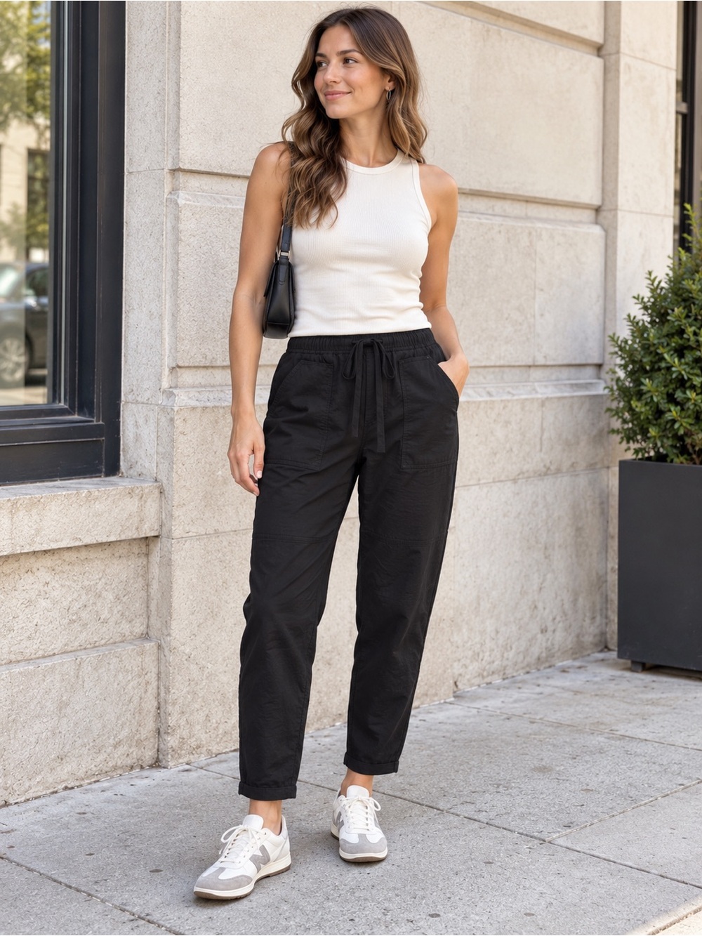 Eileen Fisher Womens Small Black Drawstring Tapered Pants Patch Pockets Pull On